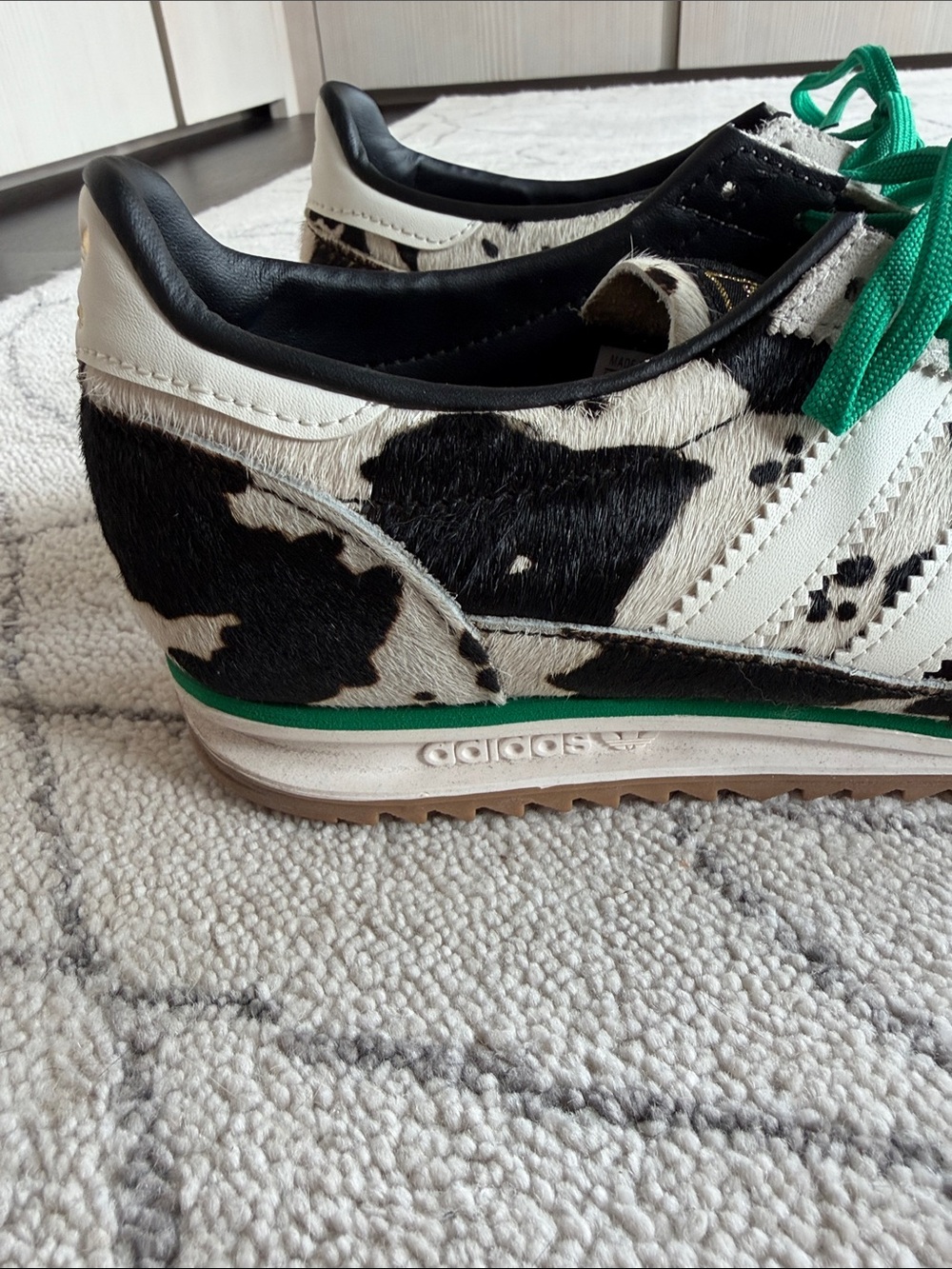 adidas Black & White Cow Print Sneakers with Green Laces - Picture 2 of 4